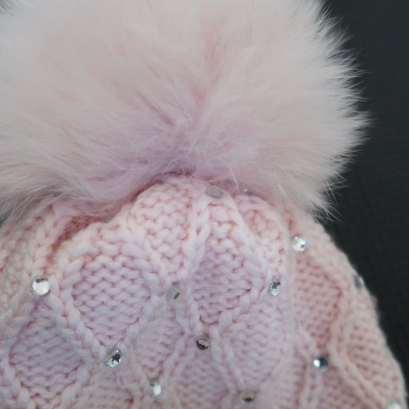 CATYA merino wool knit hat w Fur pom pom & crystals - Picture 3 of 5
